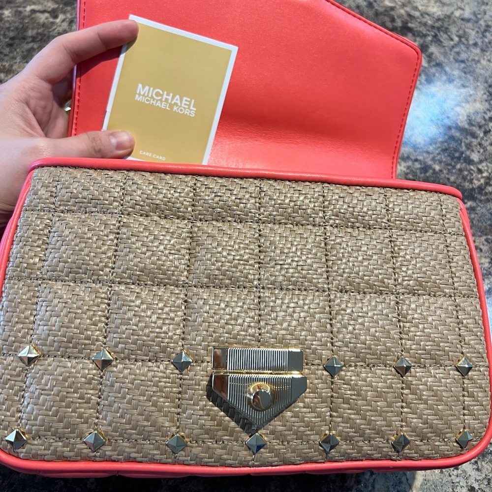 MK Soho quilted straw studded bag Large